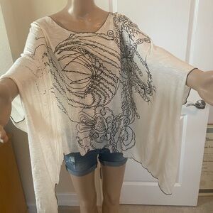 Flowy Cream Poncho Top with Black Abstract Design